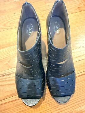 Clarks Navy Laser-Cut Peep-Toe Wedge Mules